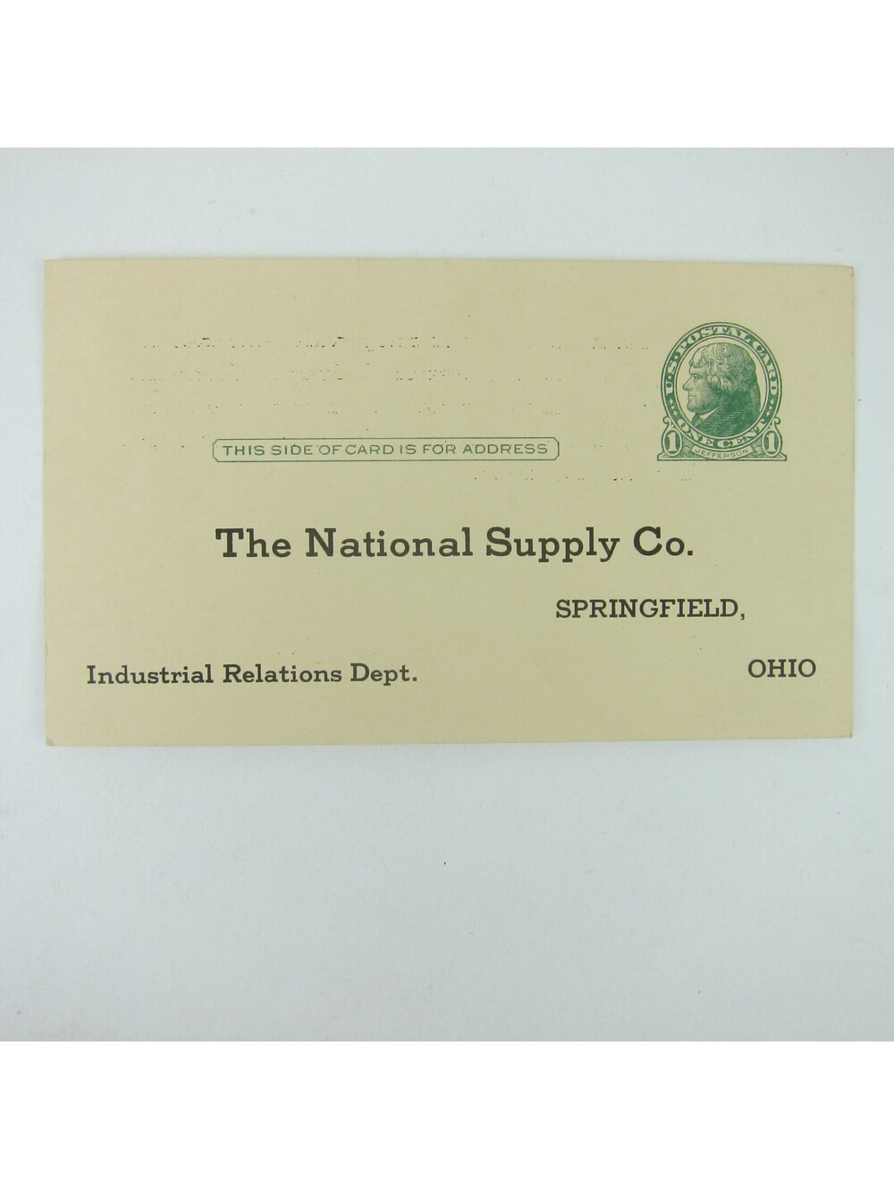 Postcard The National Supply Co Springfield Ohio 1 Cent Jefferson Stamp Antique